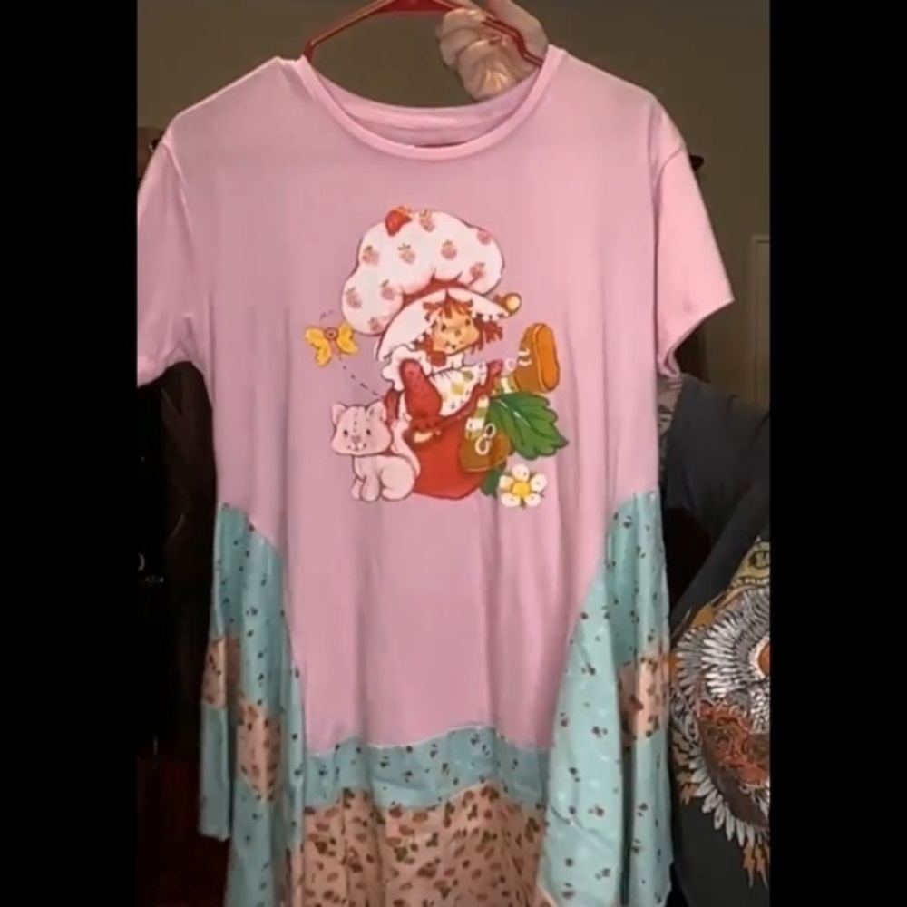 Handcrafted Strawberry Shortcake Upcycled Boho T-Shirt Top